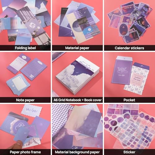 Niwlix Aesthetic Scrapbook Kit, 346 Pcs, A6 Grid Notebook, Scrapbook/Background Papers, Folding Labels, Envelopes, Washi, Photo Frames, Calendar Stickers, DIY Gift Journaling Kit for Teen Girl Women - Image 3
