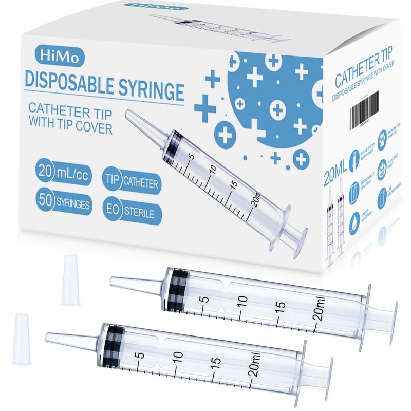 HiMo 50 Pack 20mL Syringes with Catheter Tip and Cap Plastic Large Syringes for Liquids, Jello shot Party, Medicine Student, Oral, Scientific Labs, Measuring, Dispensing, Home Care - Image 1