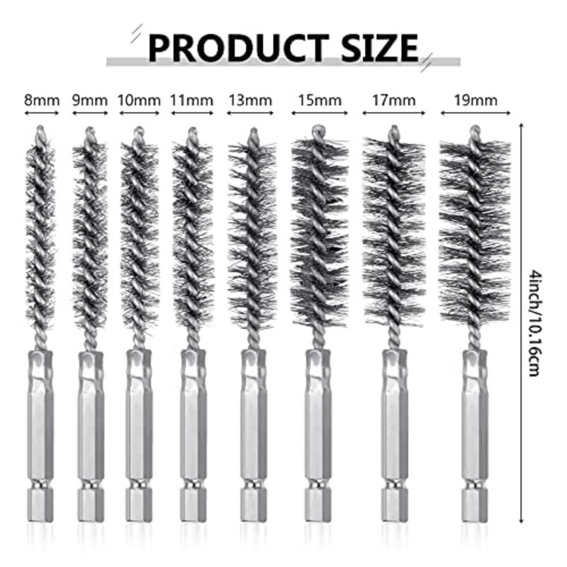 8 Pieces Wire Brush Drill Bore Cleaning Brush Set with 1/4 Inch Hex Shank Stainless Steel Wire Twisted Brush for Drill Impact Driver, 8 Sizes Silver - Image 4