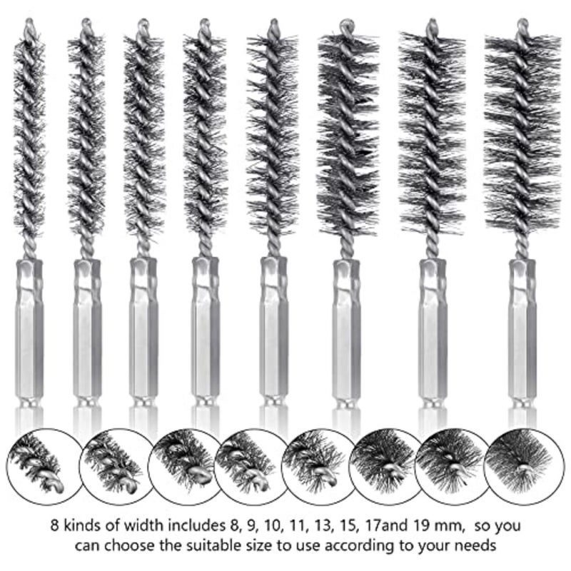 8 Pieces Wire Brush Drill Bore Cleaning Brush Set with 1/4 Inch Hex Shank Stainless Steel Wire Twisted Brush for Drill Impact Driver, 8 Sizes Silver - Image 2