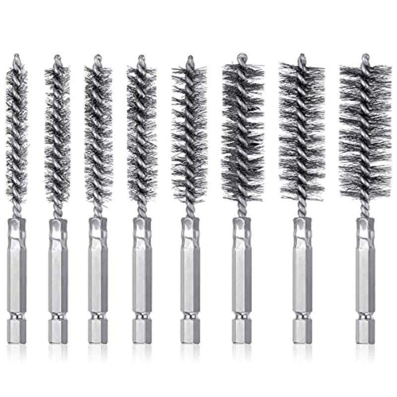 8 Pieces Wire Brush Drill Bore Cleaning Brush Set with 1/4 Inch Hex Shank Stainless Steel Wire Twisted Brush for Drill Impact Driver, 8 Sizes Silver - Image 1