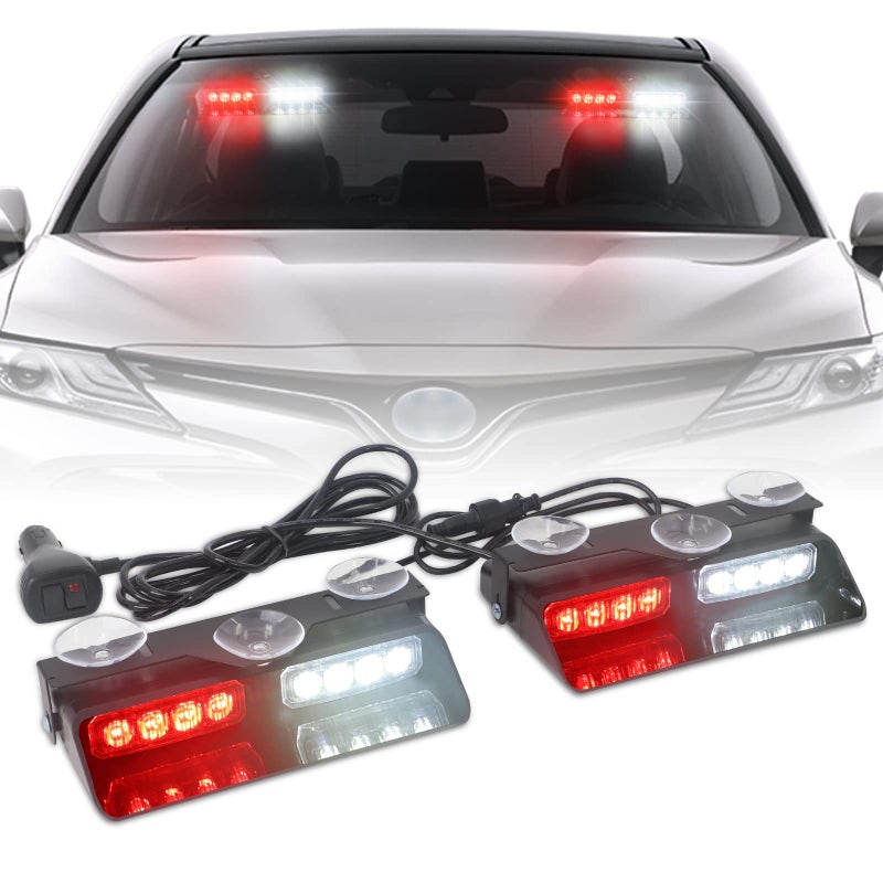 XRIDONSEN 2 in 1 Emergency Dash Lights Red White Volunteer Firefighter Lights Warning Hazard Safety Flashing Law Enforcement Responder Front/Rear Windshield Strobe w/Suction Cups for Vehicles Trucks - Image 1