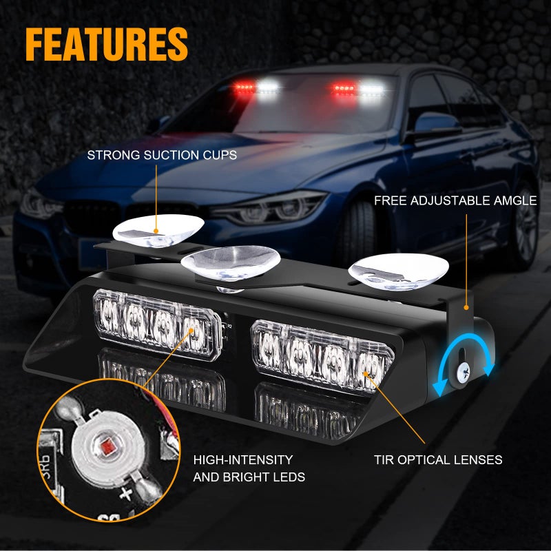 XRIDONSEN 2 in 1 Emergency Dash Lights Red White Volunteer Firefighter Lights Warning Hazard Safety Flashing Law Enforcement Responder Front/Rear Windshield Strobe w/Suction Cups for Vehicles Trucks - Image 3