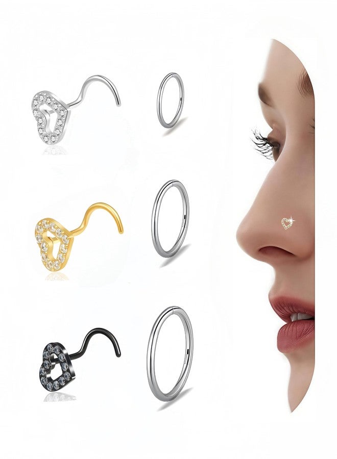 Davka 20G Heart Nose Studs 18G Hinged Nose Rings Stainless Steel Hypoallergenic Sparkling Design for Women Comfortable Nose Piercing Jewelry 6Pcs - Image 1