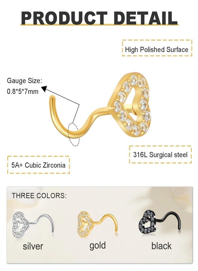 Davka 20G Heart Nose Studs 18G Hinged Nose Rings Stainless Steel Hypoallergenic Sparkling Design for Women Comfortable Nose Piercing Jewelry 6Pcs - Image 2
