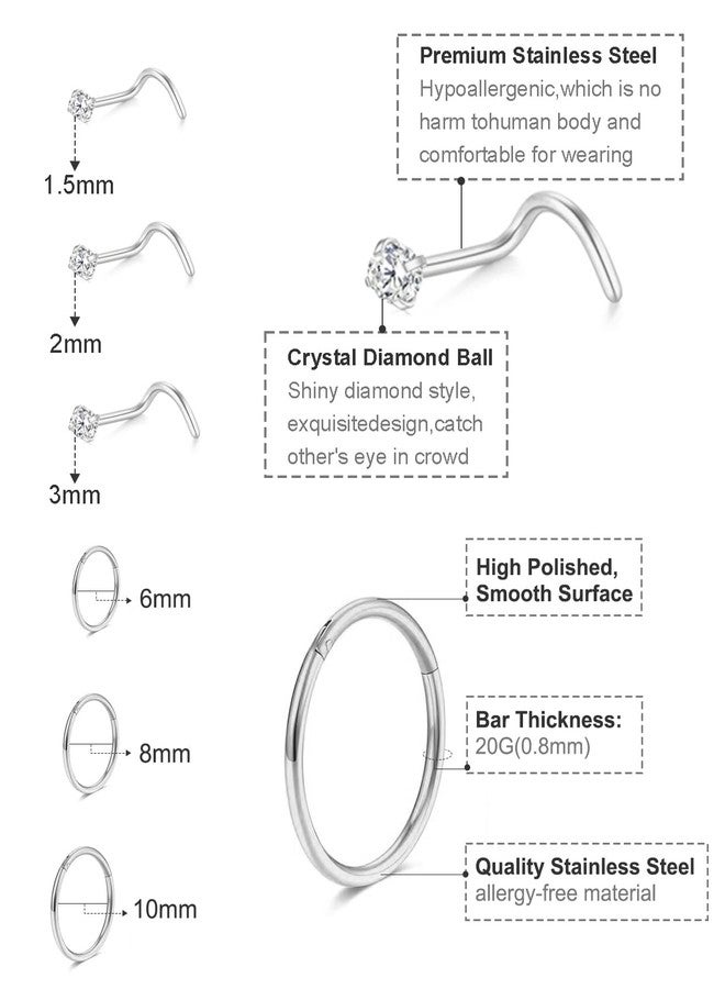 Davka 20G Heart Nose Studs 18G Hinged Nose Rings Stainless Steel Hypoallergenic Sparkling Design for Women Comfortable Nose Piercing Jewelry 6Pcs - Image 3