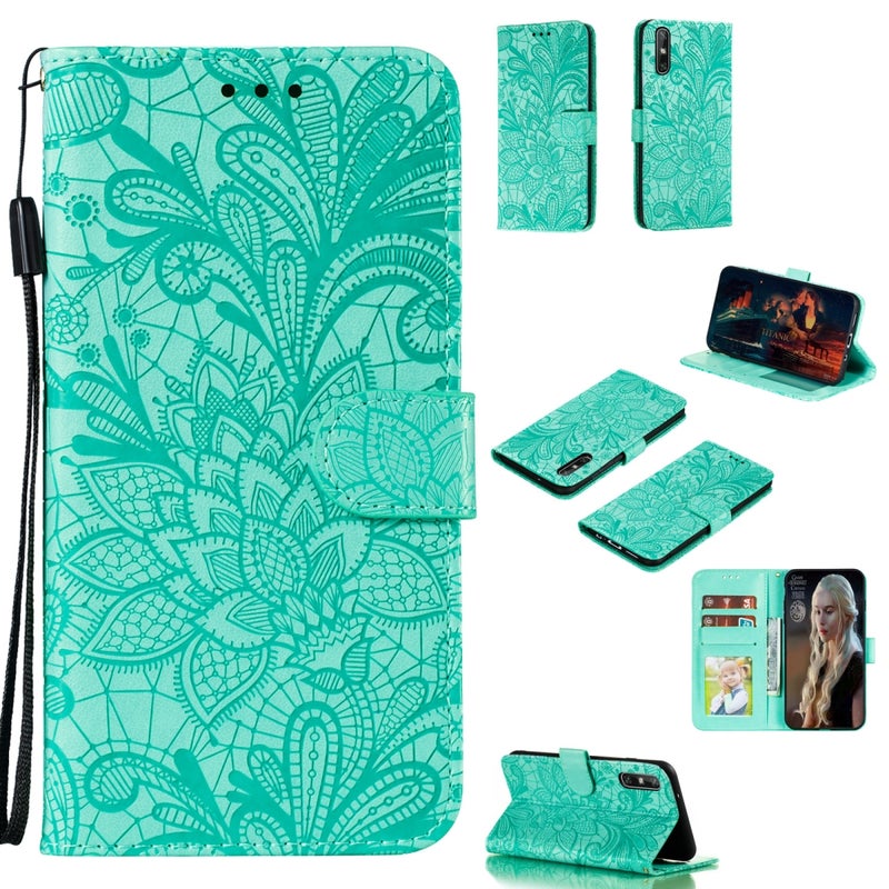HuHa Protective Cover For Huawei Enjoy 10e Lace Flower Embossing Pattern Horizontal Flip Leather Case , with Holder & Card Slots & Wallet & Photo Frame & Lanyard(Green) - Image 1