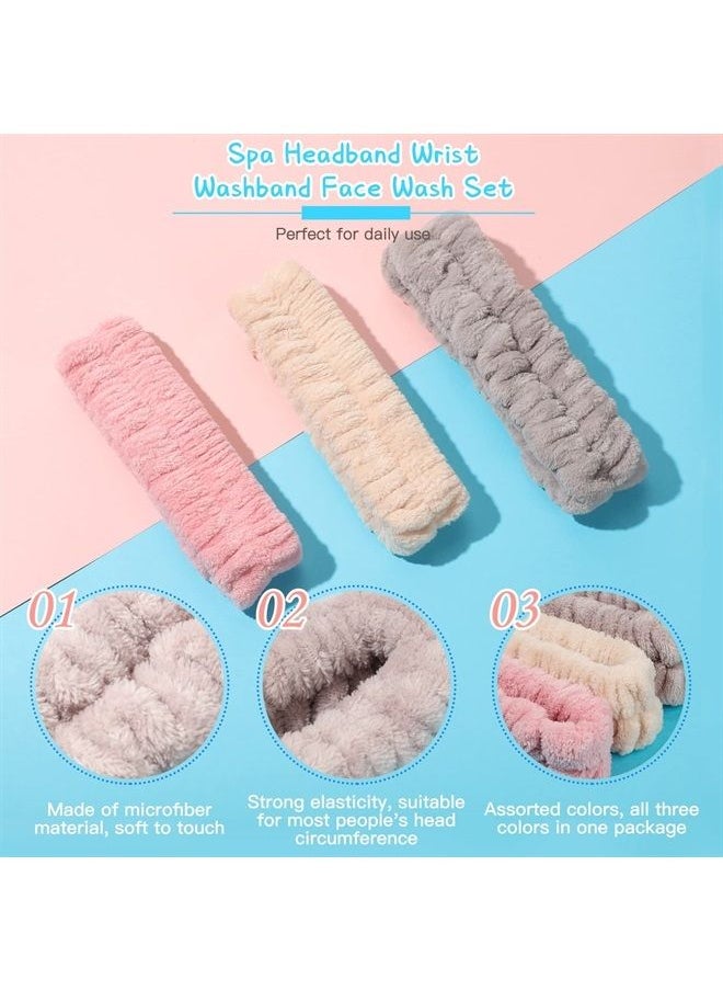 Chuangdi 9 Pcs Reusable Spa Headband Wrist Washband Face Wash Set Include 3 Microfiber Headband 6 Wrist Washband for Women Girls Avoid Liquid from Spilling Down Arms(Hot Pink, Beige, Coffee,Gentle Style)  - Image 3