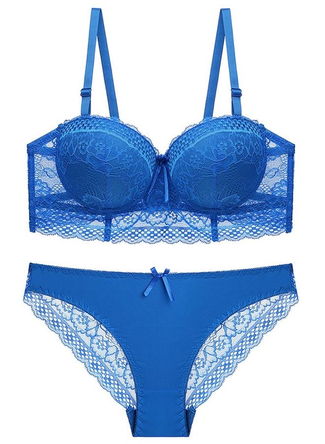 Solid Color B C Cup Thin Cup Lace Bra Panty Set Women's Underwear Blue