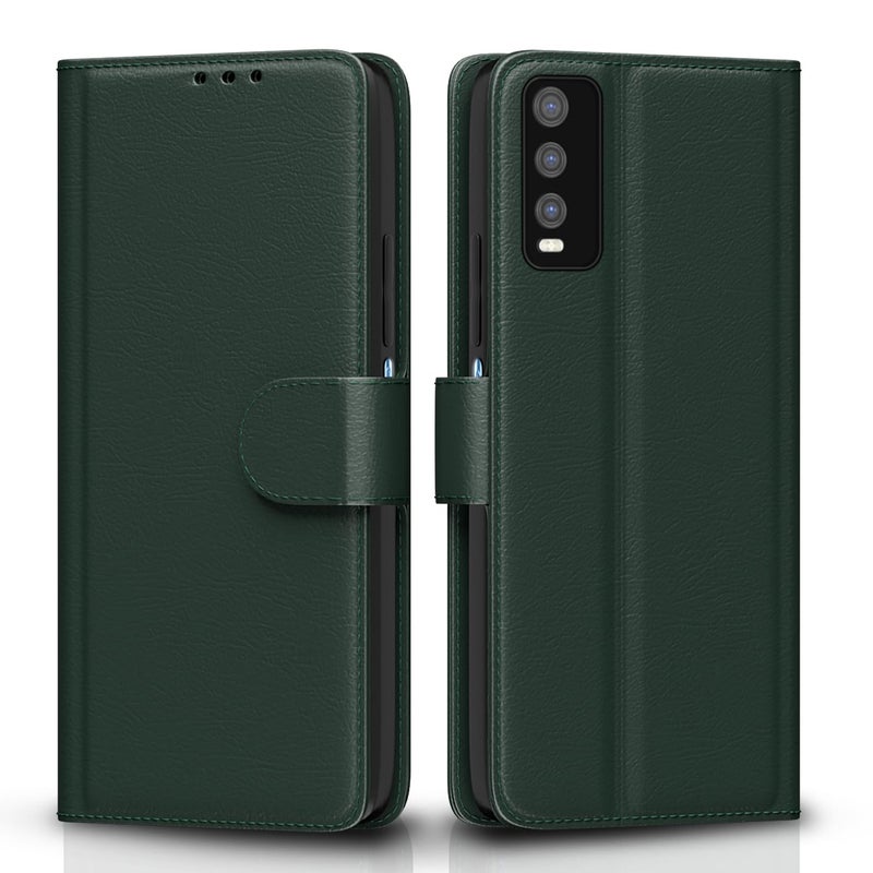 Pikkme Flip Cover for Vivo Y12s / Y20 / Y20i / Y20G Leather Finish | Inside TPU with Card Pockets | Wallet Stand and Shock Proof | Complete Protection Flip Case(Green) - Image 1