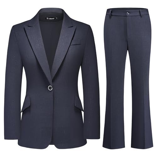 TRONSTORE Women's Suit 2 Piece Set Pinstripe Blazer and Bootcut Dressy Pants Set for Work Office Business Outfits-Navy Blue M - Image 1