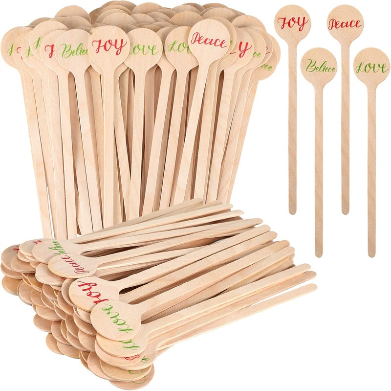 Hoolerry 200 Pcs Wooden Coffee Stirrer 6 Inch Disposable Cocktail Drink Beverage Coffee Stir Sticks Round End Wooden Sticks for Coffee Milk Cocktail Tea(Joy Believe Love Peace) - Image 1