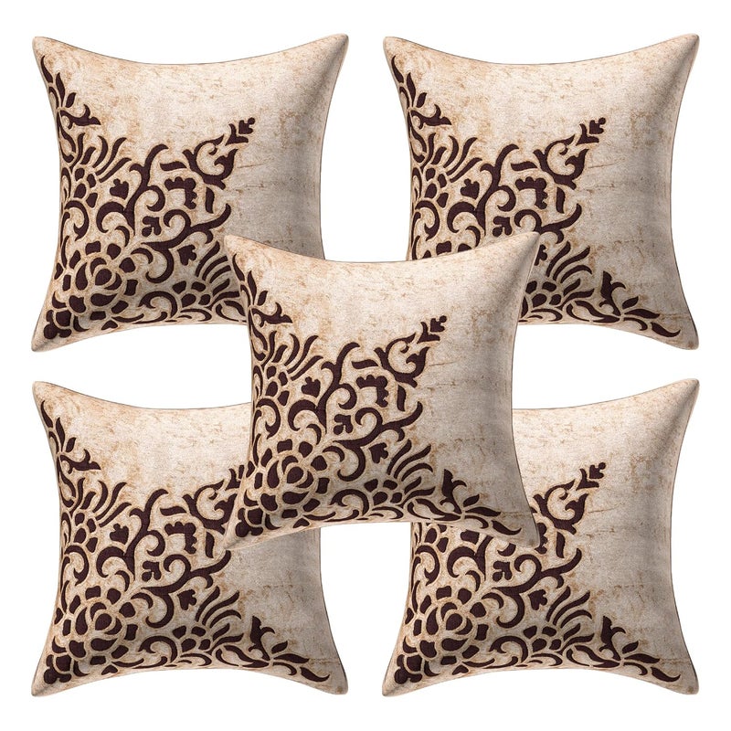 BUNIO Decorative Beige Velvet ThrowPillow Cushion Cover Set of 5 Designer Soft Pillow Cover for Sofa Couch Living Room 16 x 16 inches Beige - Image 1