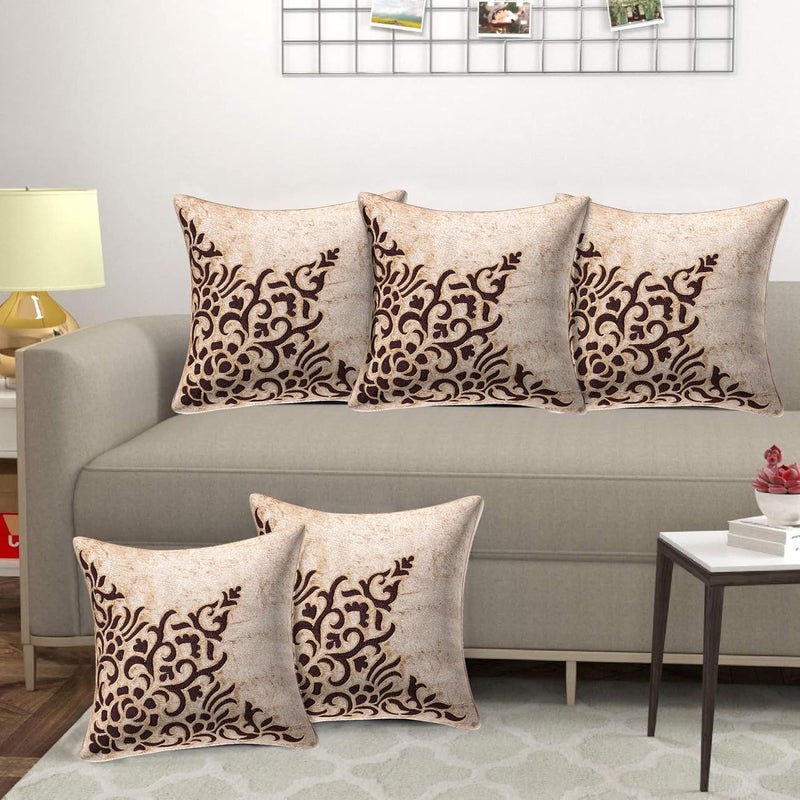 BUNIO Decorative Beige Velvet ThrowPillow Cushion Cover Set of 5 Designer Soft Pillow Cover for Sofa Couch Living Room 16 x 16 inches Beige - Image 3
