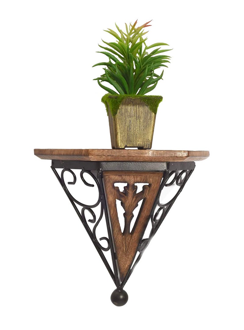 CRAFTCASTLE Wooden & Wrought Iron Fancy Wall Bracket Shelf/Rack for Home & Living Room (27 X 25 X 10) cm Natural Black - Image 1