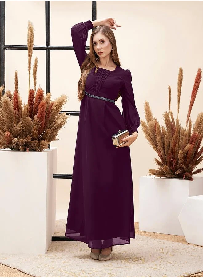 ميش Purple colour maxi dress with round neck and embroidery detail at waistline