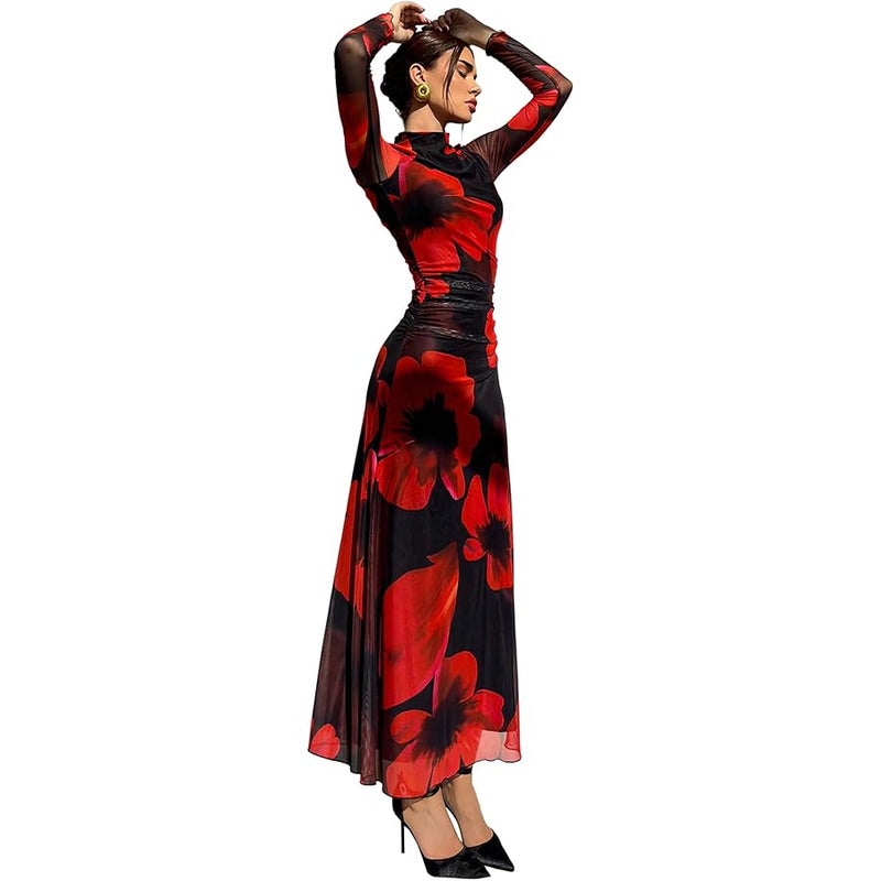 Verdusa Women's Floral Slimming Wedding Guest Dress Long Sleeve Holiday Maxi Dresses - Image 1