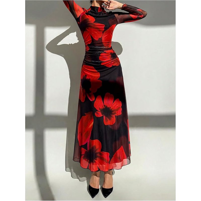 Verdusa Women's Floral Slimming Wedding Guest Dress Long Sleeve Holiday Maxi Dresses - Image 4