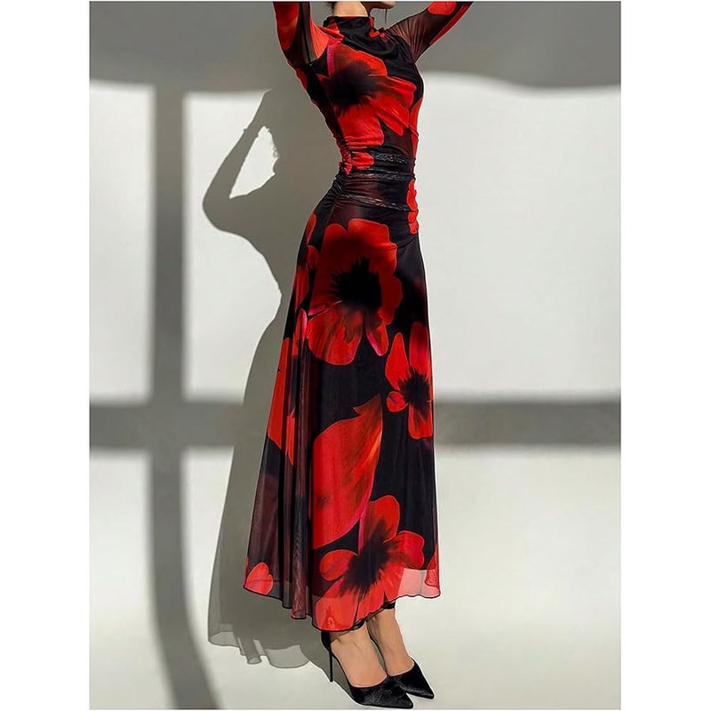 Verdusa Women's Floral Slimming Wedding Guest Dress Long Sleeve Holiday Maxi Dresses - Image 3