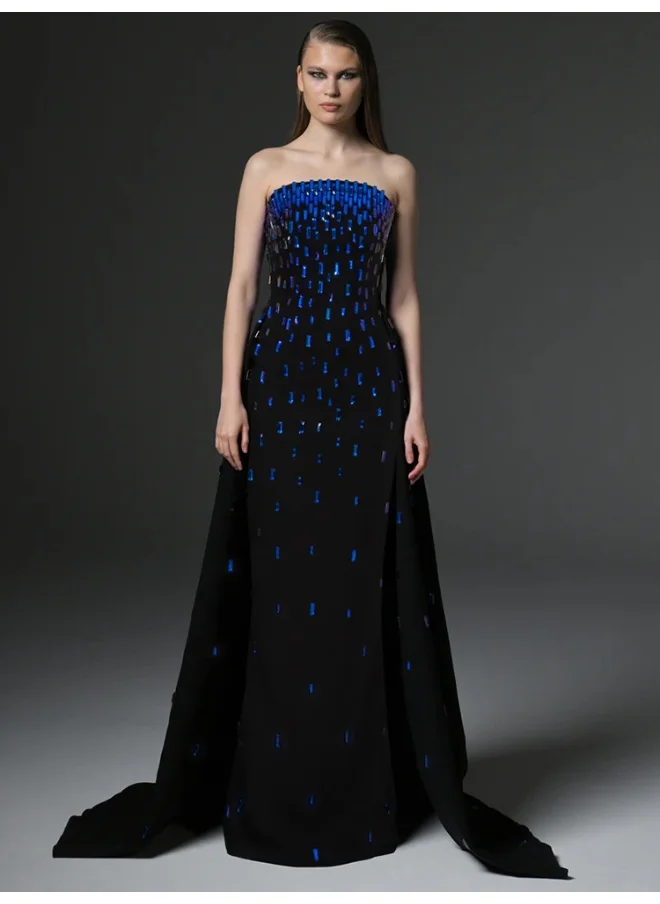 Madam Uniq New Arrival Evening Gown Long Dress with Elegant Embellishments, Beading, and Blue Rhinestones - Strapless Cocktail Dress
