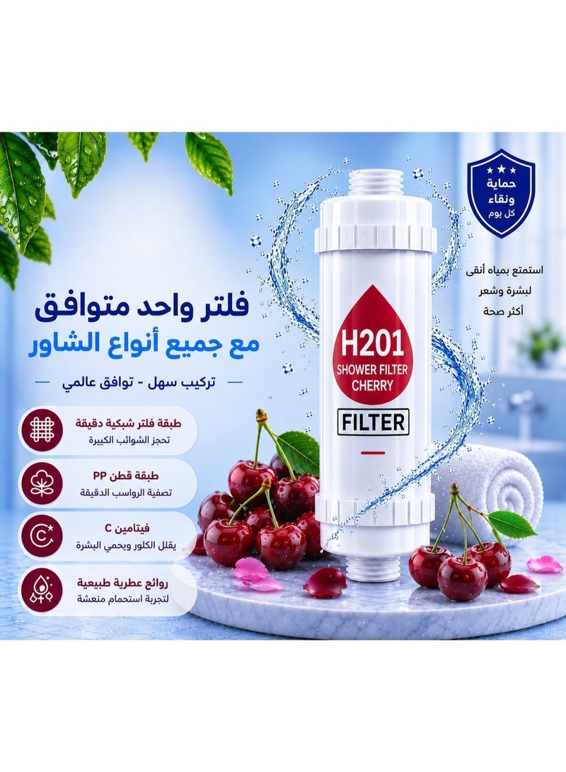 H201 Cherry Scent & Vitamin C Multi-Layer Shower Filter for water purification. Helps reduce impurities, chlorine residue, and fluoride. Equipped with filtration beads that help relieve dry skin and hair caused by water impurities. Designed for quick and easy installation. - Image 2