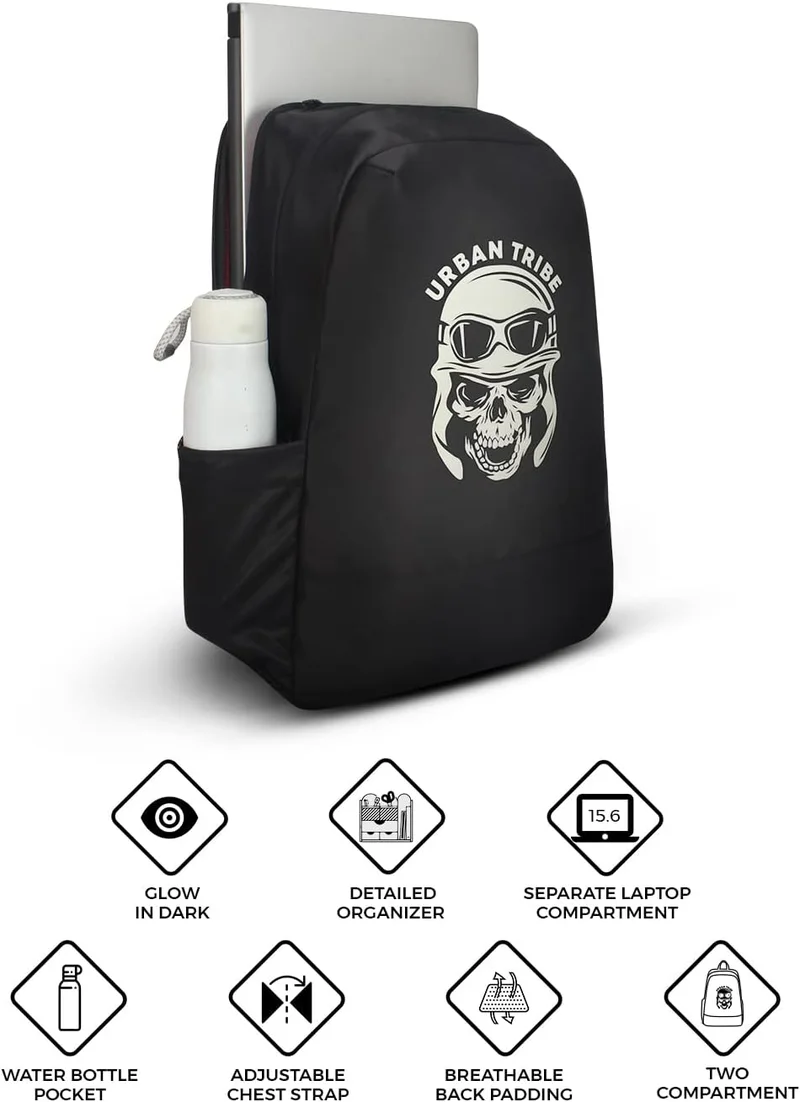 URBAN TRIBE URBAN TRIBE Night Rider 15.6 Inch Laptop Backpack for Men & Women | 23 L Smart Black Casual Backpack | Glow In Dark Multi Pocket & Water Repellent, Black, M, Rover