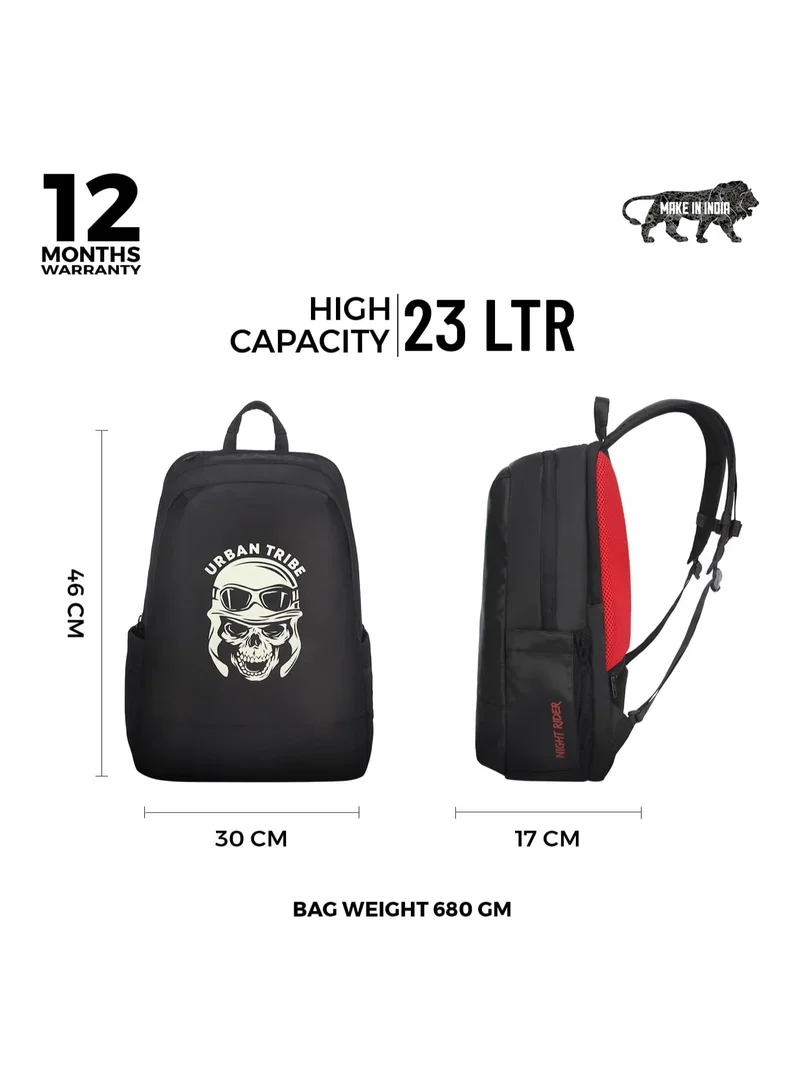 URBAN TRIBE URBAN TRIBE Night Rider 15.6 Inch Laptop Backpack for Men & Women | 23 L Smart Black Casual Backpack | Glow In Dark Multi Pocket & Water Repellent, Black, M, Rover