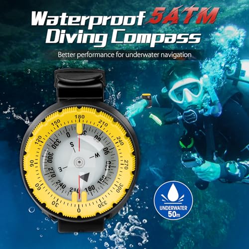 OVOVFANY Scuba Compass, Professional Waterproof 5ATM Dive Wrist Compass with TPU Band for Outdoor Sports Diving, Sailing, Hiking, Survival Emergency (Yellow) - Image 2