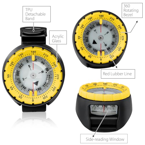 OVOVFANY Scuba Compass, Professional Waterproof 5ATM Dive Wrist Compass with TPU Band for Outdoor Sports Diving, Sailing, Hiking, Survival Emergency (Yellow) - Image 5