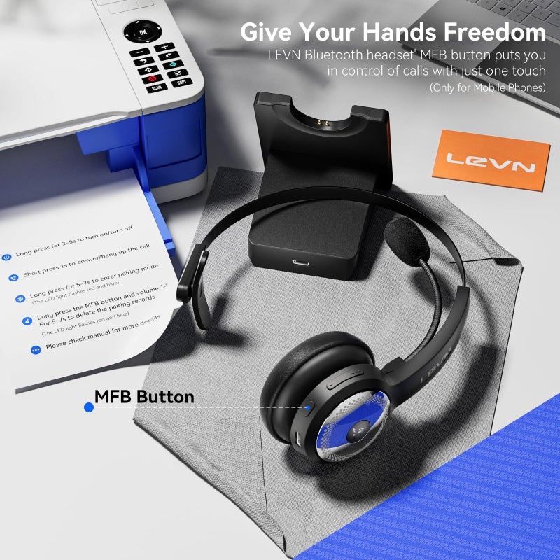 LEVN Bluetooth 5.0 Headset, Wireless Headset with Microphone (AI Noise Cancelling), 35Hrs Bluetooth Headphones with USB Dongle for PC, Suitable for Remote Work/Call Center/Zoom/Online Class/Trucker - Image 3
