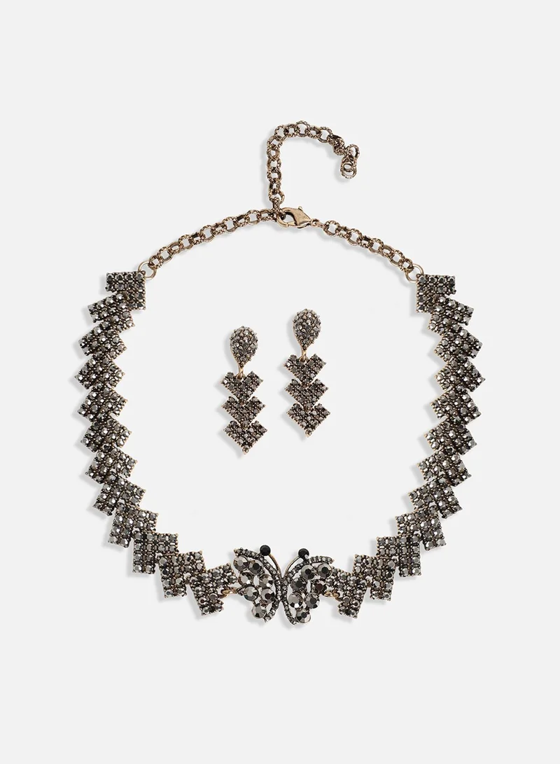 سوهي طقم مجوهرات الفراشة - فضي داكن