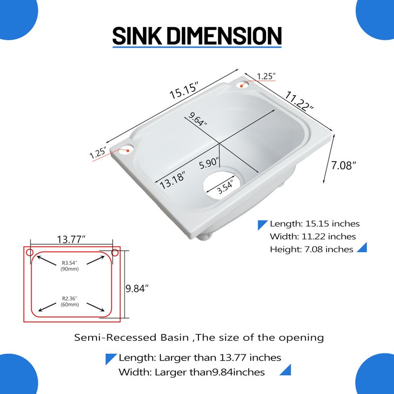 shawoo kitchen Single Bowl Utility Sink, Kitchen Wall-Mounted Sink 15.1 x 11.2 Inch With 1.26 inch faucet hole, Plastic rv sink for Home, Restaurant, Dorm, Garage, Bathroom,Laundry (white, 15.1*11.2*7.1) - Image 3