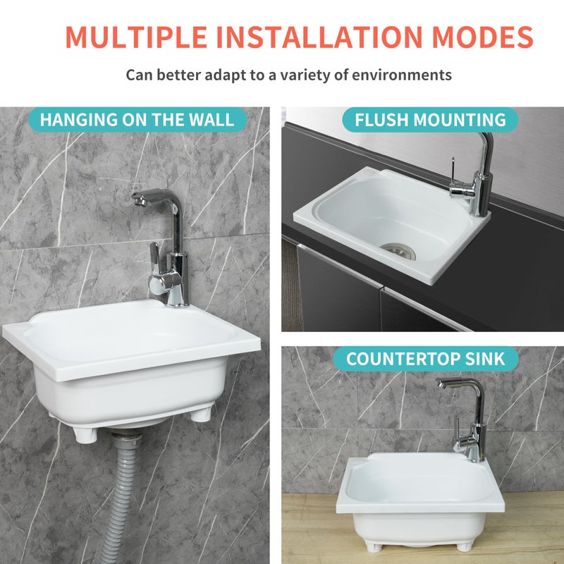 shawoo kitchen Single Bowl Utility Sink, Kitchen Wall-Mounted Sink 15.1 x 11.2 Inch With 1.26 inch faucet hole, Plastic rv sink for Home, Restaurant, Dorm, Garage, Bathroom,Laundry (white, 15.1*11.2*7.1) - Image 2