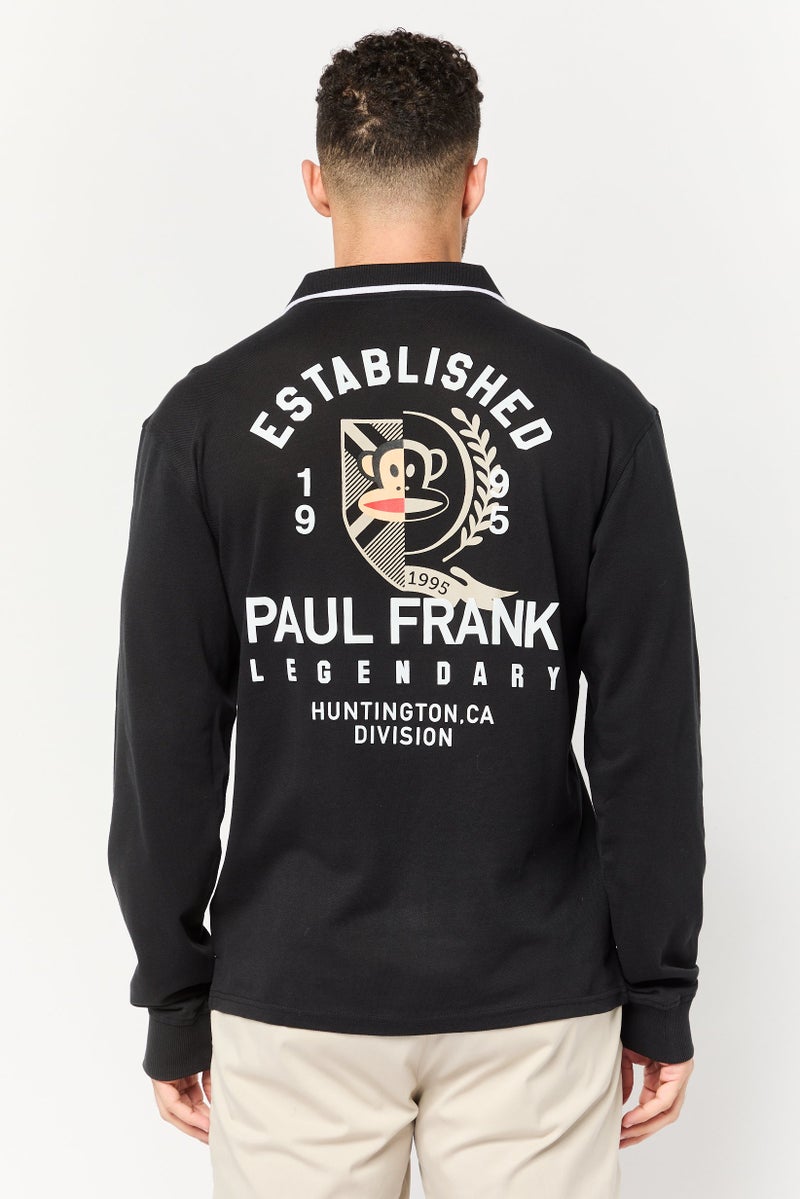 Paul Frank قميص بولو بأكمام طويلة للرجال بتصميم عادي مع شعار العلامة التجارية، أسود - Image 3