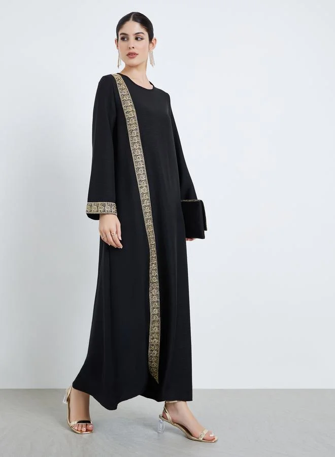 أميرة Women Black Gold Embroidered Maxi Jalabiya
