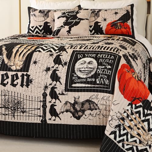 EVENHUG Halloween Quilt Set Queen Size Bedspread with Pillow Shams Festival Themed Bedding Sets Pumpkin Ghost Coverlet 4 Piece (90"x90") - Image 5
