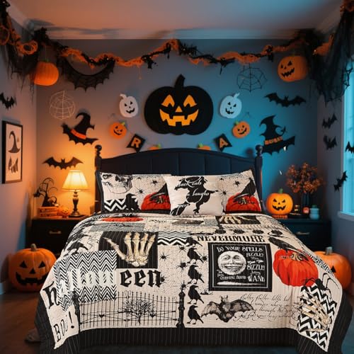 EVENHUG Halloween Quilt Set Queen Size Bedspread with Pillow Shams Festival Themed Bedding Sets Pumpkin Ghost Coverlet 4 Piece (90"x90") - Image 3