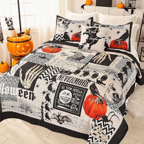 EVENHUG Halloween Quilt Set Queen Size Bedspread with Pillow Shams Festival Themed Bedding Sets Pumpkin Ghost Coverlet 4 Piece (90"x90") - Image 1