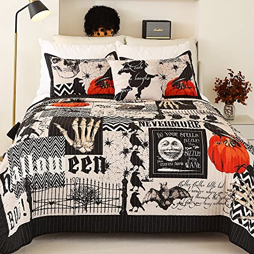 EVENHUG Halloween Quilt Set Queen Size Bedspread with Pillow Shams Festival Themed Bedding Sets Pumpkin Ghost Coverlet 4 Piece (90"x90") - Image 4