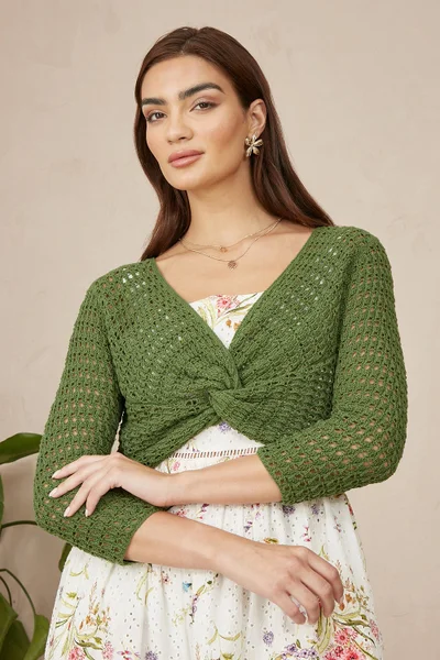 Yumi Yumi Green Cotton Crochet Twisted Bolero Top