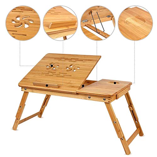 Snazzy Bamboo Laptop Desk, Adjustable Portable Breakfast Serving Bed Tray with Tilting Top Drawer for Surfing Reading Writing Eating (Bamboo) Wood, Beige, 30 x 50 x 22 cm - Image 4
