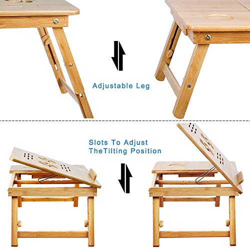 Snazzy Bamboo Laptop Desk, Adjustable Portable Breakfast Serving Bed Tray with Tilting Top Drawer for Surfing Reading Writing Eating (Bamboo) Wood, Beige, 30 x 50 x 22 cm - Image 3