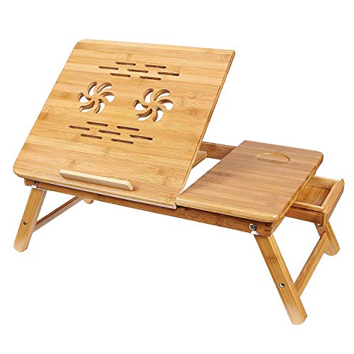 Snazzy Bamboo Laptop Desk, Adjustable Portable Breakfast Serving Bed Tray with Tilting Top Drawer for Surfing Reading Writing Eating (Bamboo) Wood, Beige, 30 x 50 x 22 cm - Image 1