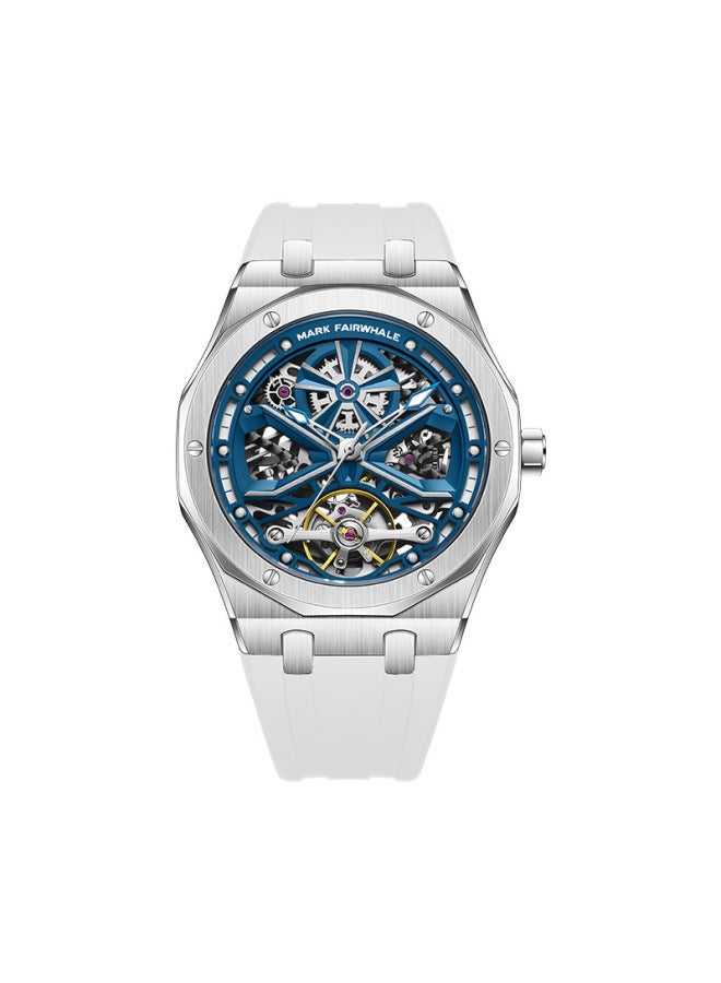 Mark Fairwhale Men's Luminous Tourbillon Automatic Watch - Water Resistant, Blue Dial & White Silicone Strap