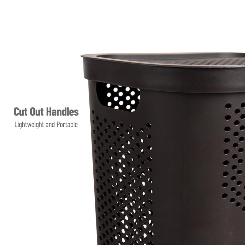 Mind Reader Slim Laundry Hamper with Lid, 60L Clothes Basket, Ventilated Plastic, Brown - Image 4