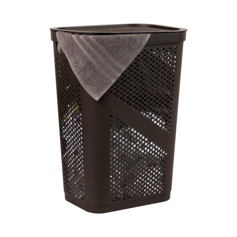 Mind Reader Slim Laundry Hamper with Lid, 60L Clothes Basket, Ventilated Plastic, Brown - Image 1