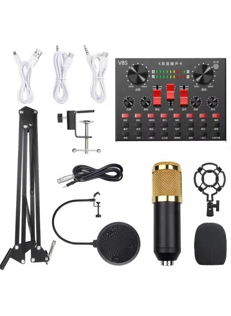 V8s Professional Condenser Microphone With V8S Live Sound Card And Studio Recording Broadcasting Set Black/Gold  - Image 1