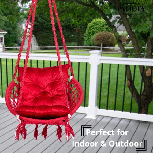 Patiofy Round Cotton Home Swing for Adults & Kids/Hammock Hanging Swing Chair for Balcony, Indoor & Outdoor/Capacity 120 Kgs/Includes Free Hanging Accessories & Red L Cushion/Handmade Home Jhula-Red - Image 2