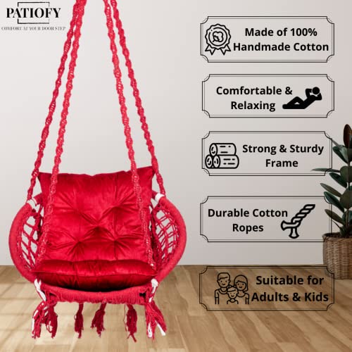 Patiofy Round Cotton Home Swing for Adults & Kids/Hammock Hanging Swing Chair for Balcony, Indoor & Outdoor/Capacity 120 Kgs/Includes Free Hanging Accessories & Red L Cushion/Handmade Home Jhula-Red - Image 3
