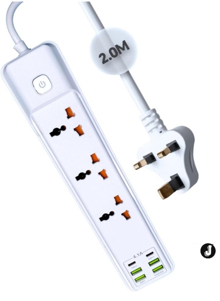 JAJEEK 2M Extension Cord with 3 Sockets, 4 USB Ports & 2 Type-C Ports – UK Plug 3 Pin Power Extension Lead for Home, Kitchen & Office (White) - Image 1